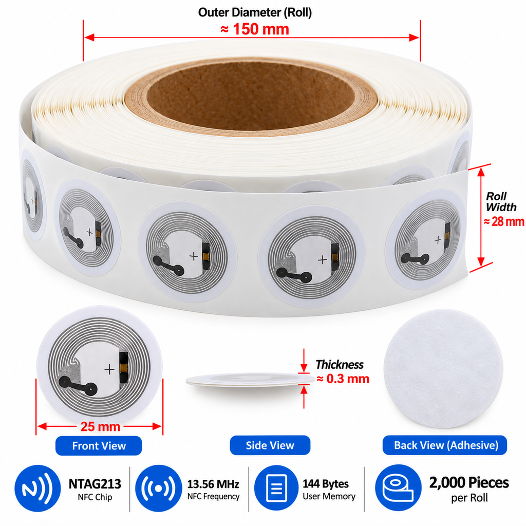 NTAG213 NFC Sticker 13.56MHz Round Adhesive Tag – 2,000pcs/Roll
